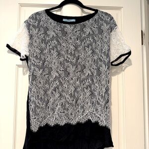 TSUNODA PARIS Asymmetrical White and Black TShirt with white Lace Overlay